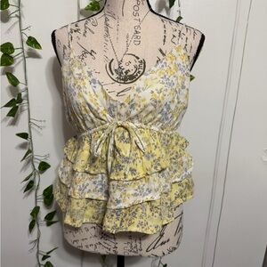 Ruffled Floral V-Neck Tank Top - Yellow